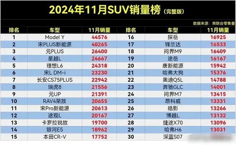 2024年11月SUV销量榜